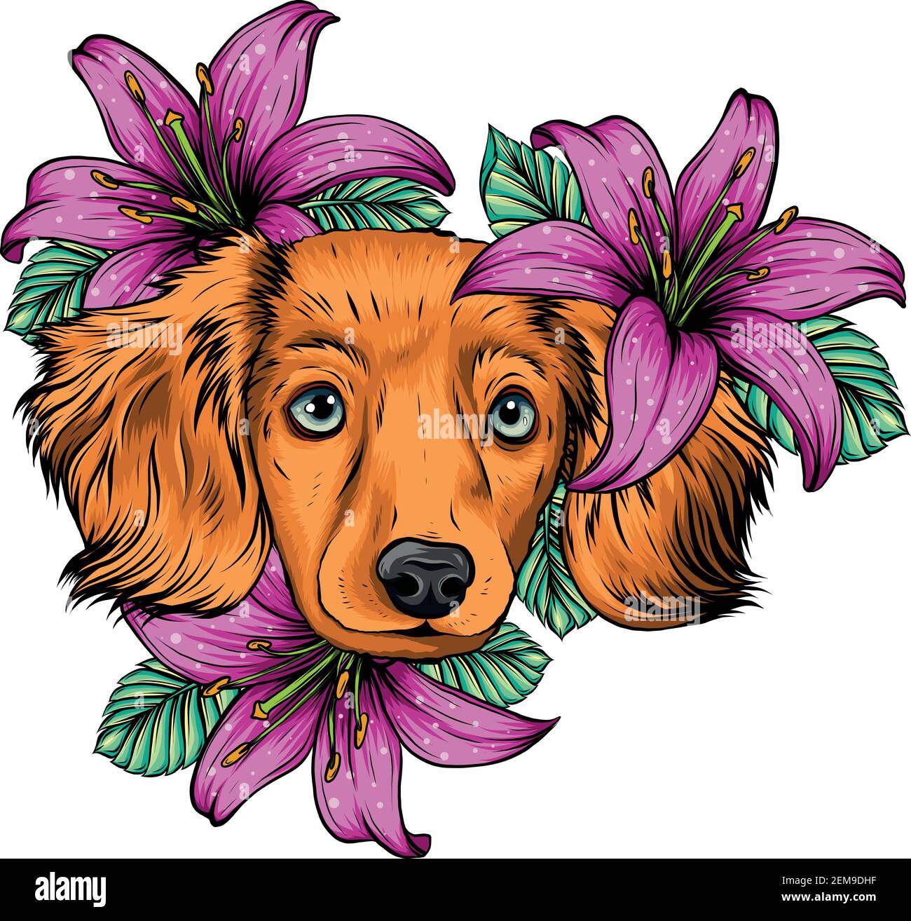 Portrait d'un chien d'Espagne dans une couronne à tête de fleur. Illustration vectorielle. Illustration de Vecteur