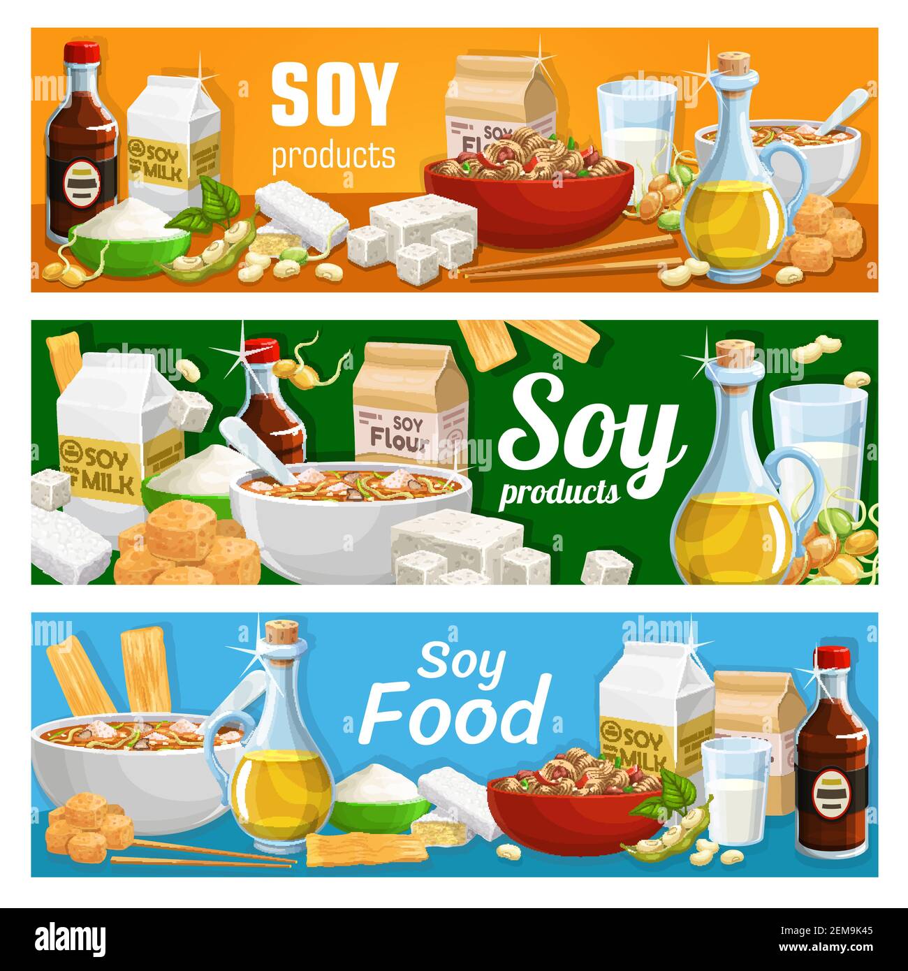 Produits alimentaires à base de soja, aliments biologiques à base de soja  et ingrédients de cuisine, bannières vectorielles. Repas de soja bio de  nutrition végétalienne, tofu peau tempeh, lait de soja, fl