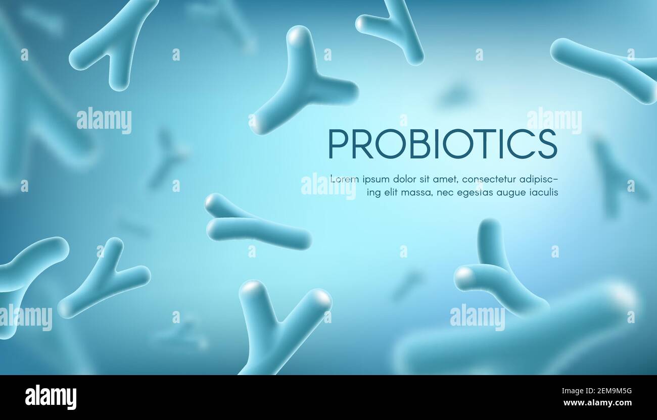 Probiotiques lacto bactéries, nutrition saine et digestion santé vecteur concept. Probiotcis lactobacillus acidophilus cellules bactériennes sur le dos bleu Illustration de Vecteur