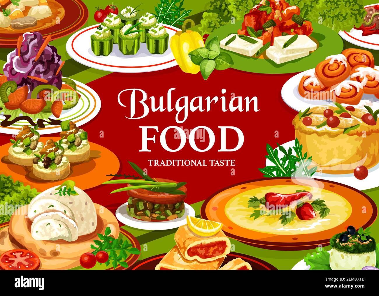 Motif de vecteur alimentaire bulgare avec salades de yaourt de légumes, soupes et ragoût de viande. Toasts de courgettes et lutenitsa de poivre avec bryndza, concombres farcis, Illustration de Vecteur