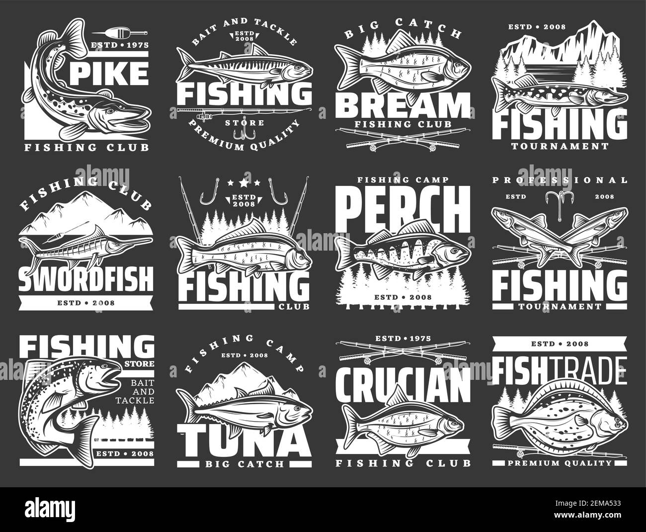 Sports de pêche loisirs, hameçons et lares rods symboles vectoriels. Club de pêche grand tournoi de pêche de poissons pour le thon et le croquant, brochet et flounder, perch, s Illustration de Vecteur