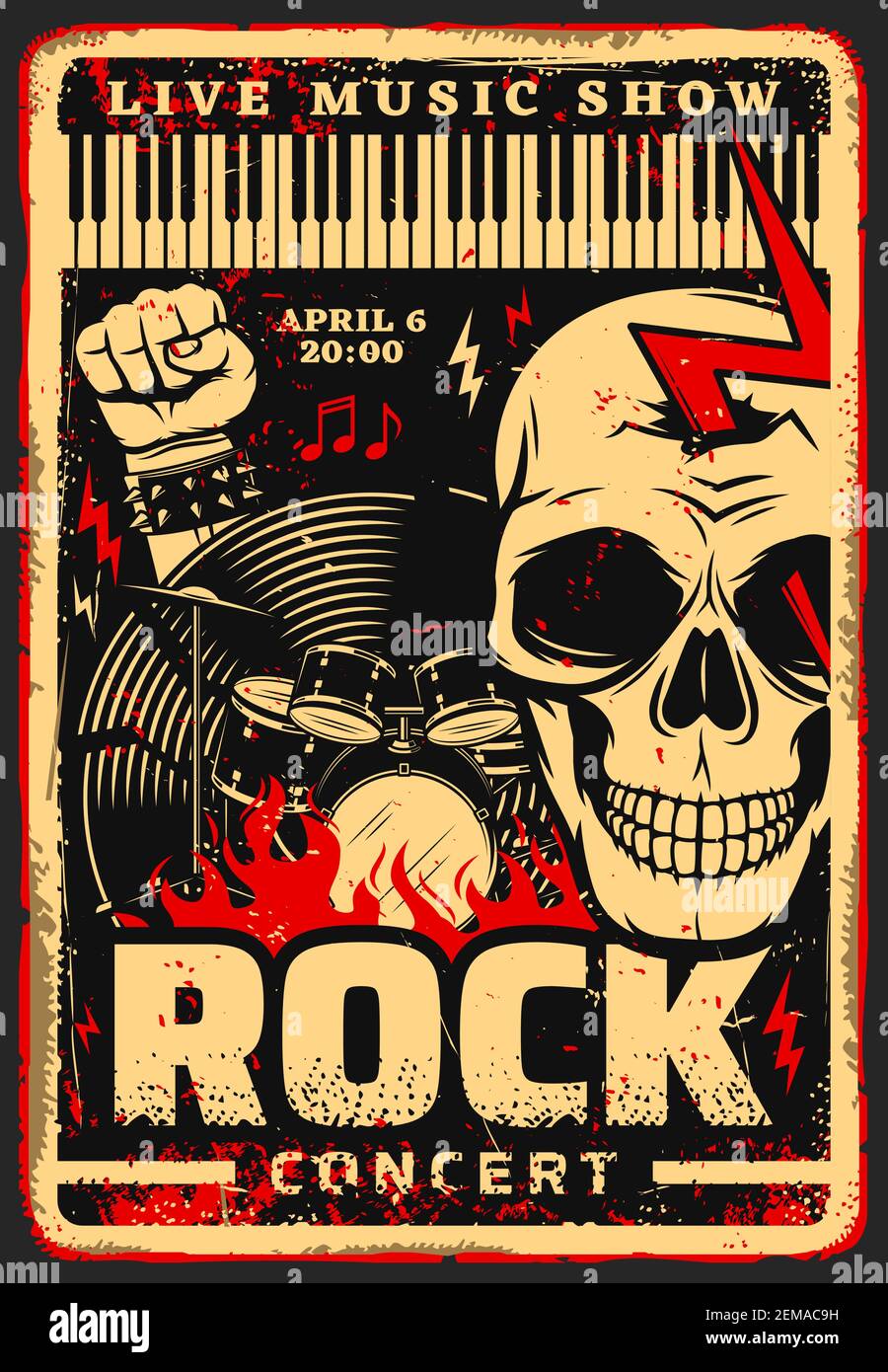 Affiche vecteur de concert du festival de musique rock avec instruments de musique, crâne et notes. Batterie, disque en vinyle et clavier pour piano, bracel en cuir clouté Illustration de Vecteur