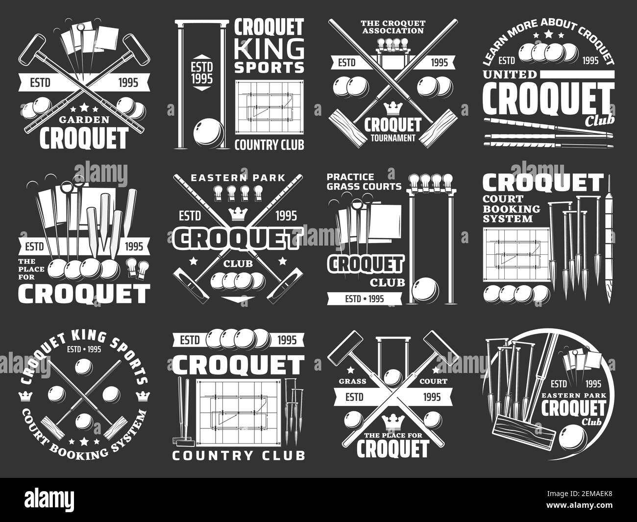 Articles de croquet et icônes d'équipement, signes de vecteur de tournoi de club de sport. Le tournoi de croquet et le match de championnat ont croisé des battes, des balles, des paniers de cricket et Illustration de Vecteur