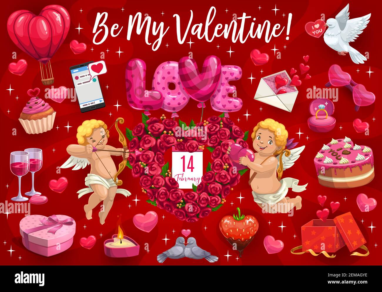 Saint Valentin Amour Vecteur Coeur Ballons Fleurs Et Anges Cupides Soyez Mon Message De Saint Valentin Citation Anneau Et Colombe Couronne De Roses Et Vin Roma Image Vectorielle Stock Alamy