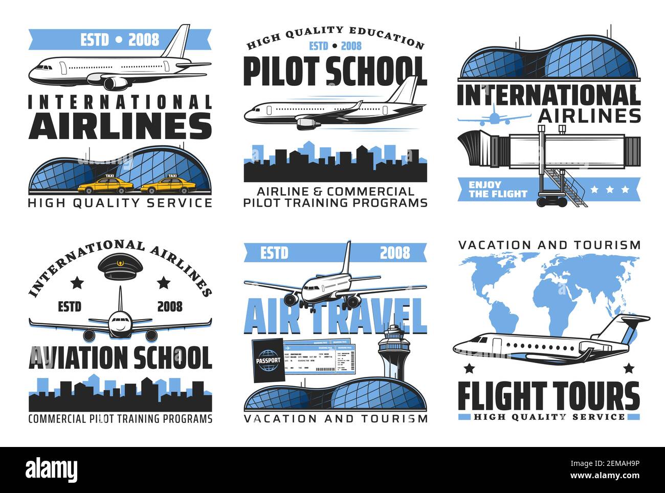 Les emblèmes de l'Académie de l'aviation et de l'école pilote, les icônes de vecteur de voyages aériens et de vols internationaux. Service de manutention à l'aéroport, éducation de l'aviation civile Illustration de Vecteur