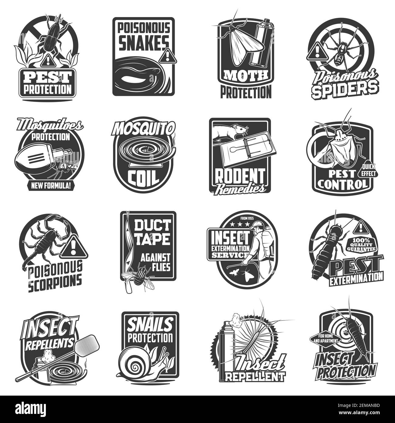 Lutte antiparasitaire vecteurs icônes, insectes extermination et dératisation sanitaire. Service de désinfection et de fumigation contre les rongeurs souris et rat Illustration de Vecteur