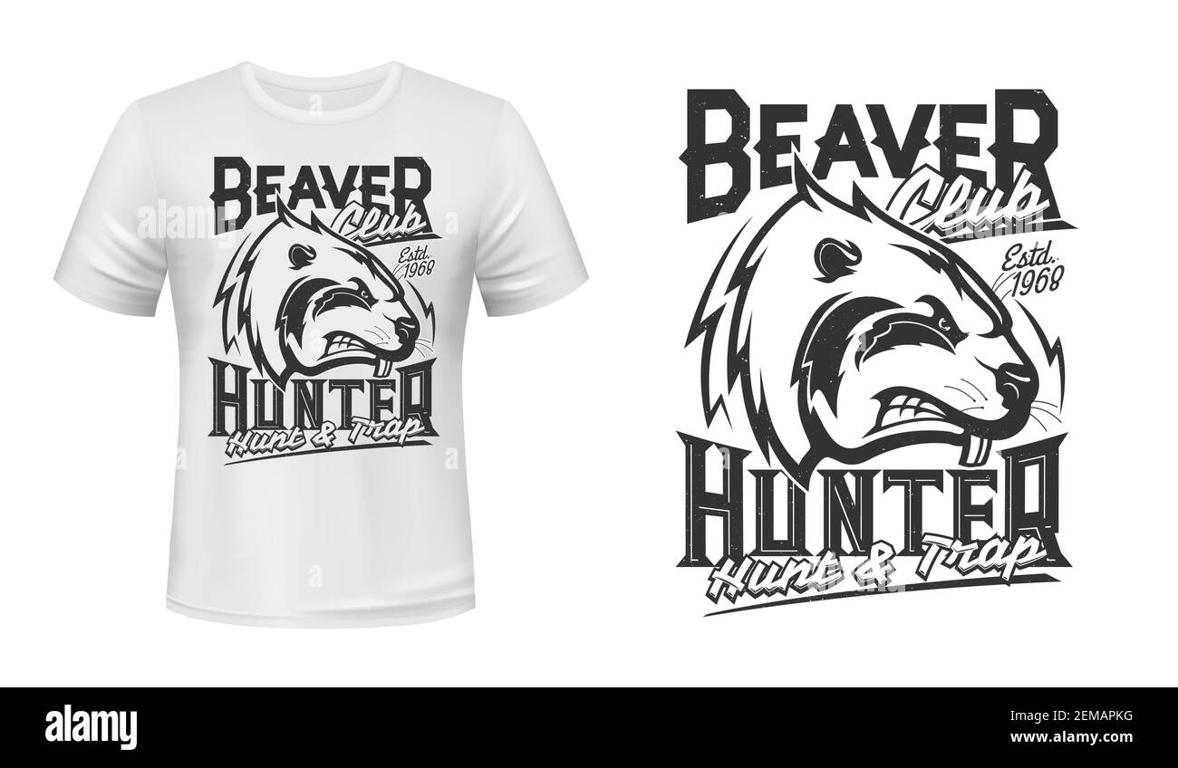 Maquette de t-shirt à imprimé castor, motif club de chasse. Animal castor sauvage, signe de tête en colère, étiquette de club de sport de chasseurs pour t-shirt imprimé, citation de chasse et de piège Illustration de Vecteur