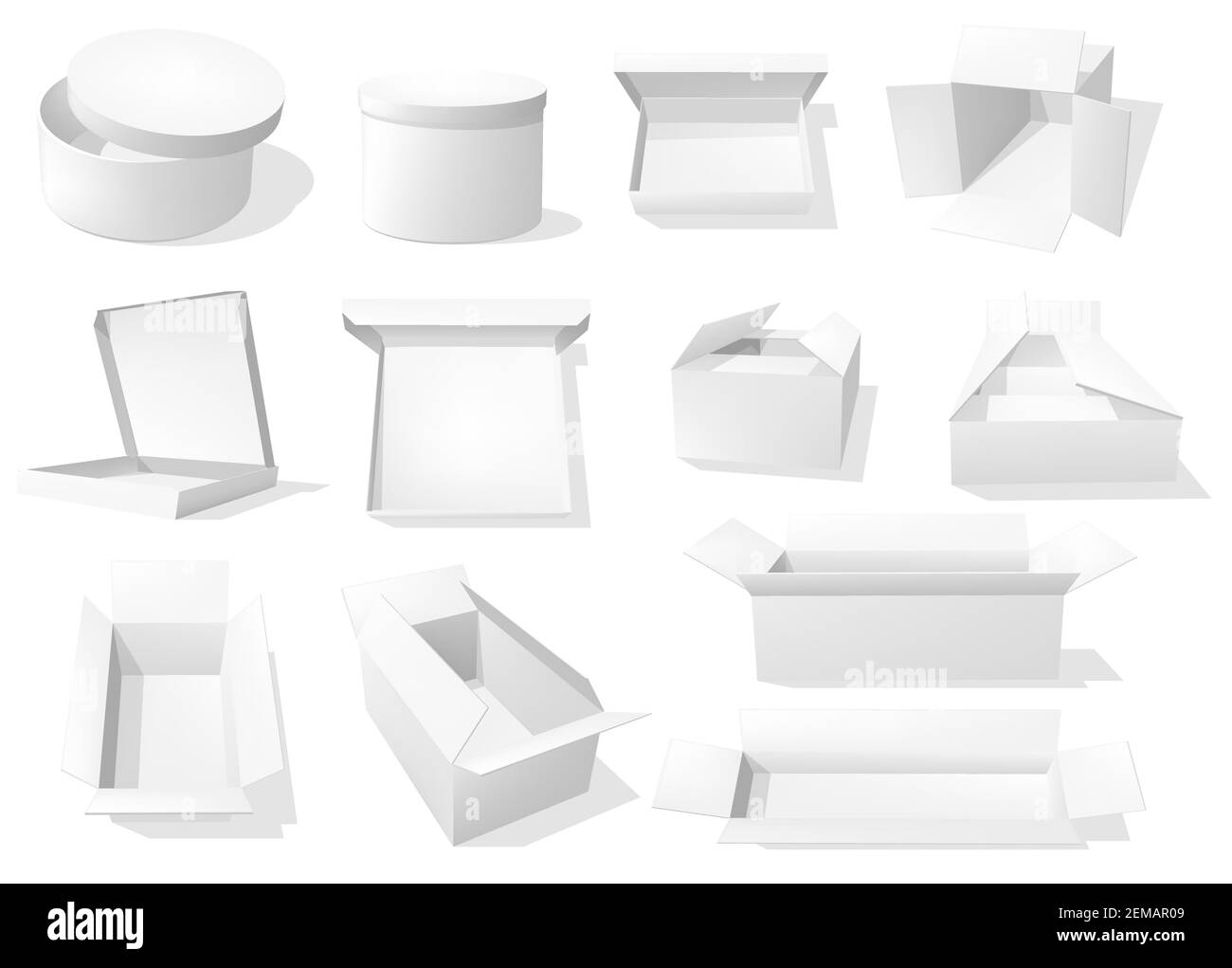 Boîtes de papier blanc, emballages vides de produits vierges, modèles de maquette vectoriels réalistes. Carton blanc carré et rond, rectangulaire et étroit bo Illustration de Vecteur