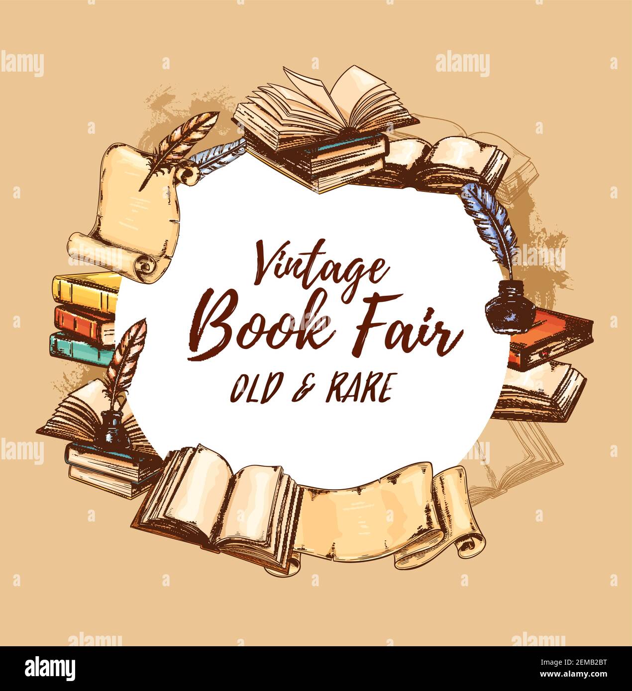 Affiche de librairie, foire des livres anciens et festival de la littérature rare. Vector Retro sketch book Edition magasin, poèmes et romans d'antiquaires, rouleaux de papier Illustration de Vecteur