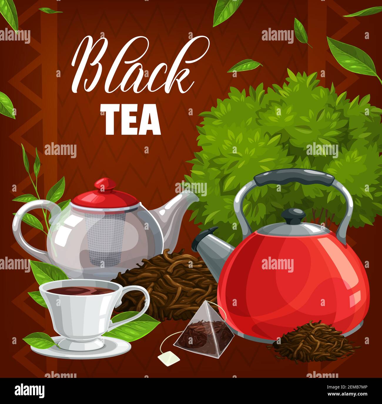 Tasse à thé noire, feuilles vertes, théière et cafetière. Vecteur. Thé  indien ou de Ceylan de qualité supérieure sélectionné à la main. Les  feuilles de thé noir et les sachets de thé