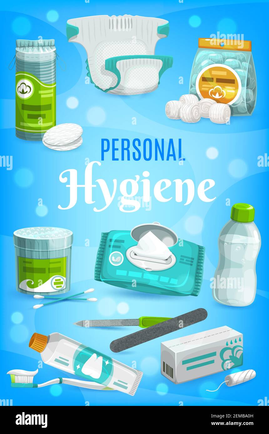 Articles d'hygiène et produits de soins personnels, savon de salle de bain  vectoriel, dentifrice et brosse à dents. Articles de toilette hygiéniques,  couches pour bébés et serviettes humides, tampons A Image Vectorielle