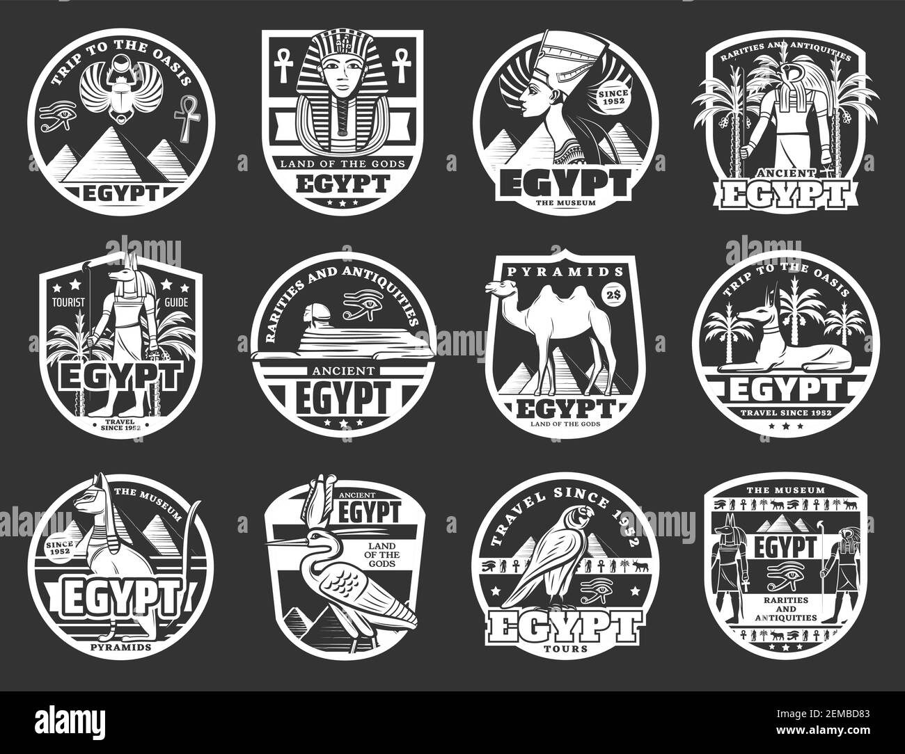 Égypte antique, voyage et religion vecteur icônes. Pyramides du pharaon égyptien, Sphinx et chat, dieux Anubis et Horus, croix ankh et oeil d'horus, Toutankham Illustration de Vecteur