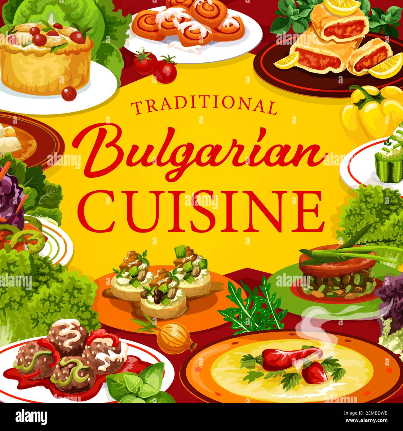 Cuisine bulgare viande et légumes avec desserts aux fruits, menu du restaurant Vector. Soupe au poivre, boulettes de viande, concombres farcis avec bryndza, courgettes Illustration de Vecteur