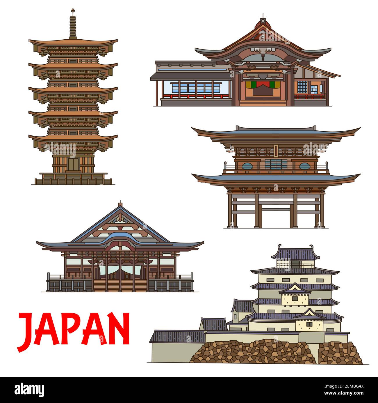 Les temples japonais et le château vecteur ligne mince Voyage les points de repère du Japon. Temples bouddhistes Zen Dainichibo et Horin-ji, porte Sanmon d'Engaku-ji, Dewa S. Illustration de Vecteur