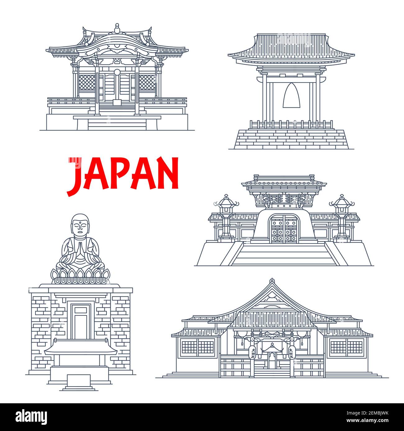 Bâtiments japonais, temples japonais, maisons et tours de pagode, sites d'architecture de Kamakura. Cloche et Bouddha de Tennoji, temple de Tokyo de Dayenji et Illustration de Vecteur