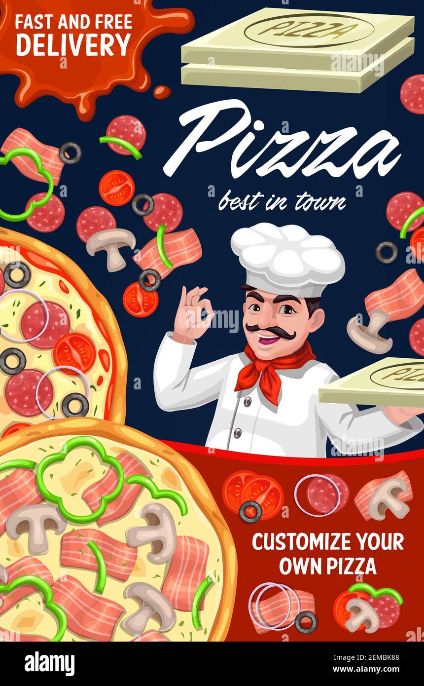 Livraison de pizza, pizzeria italienne, menu de restauration rapide Vector. Pizzeria pizzeria pizzeria avec boîte à pizza, personnalisez votre pizza ingredi Illustration de Vecteur