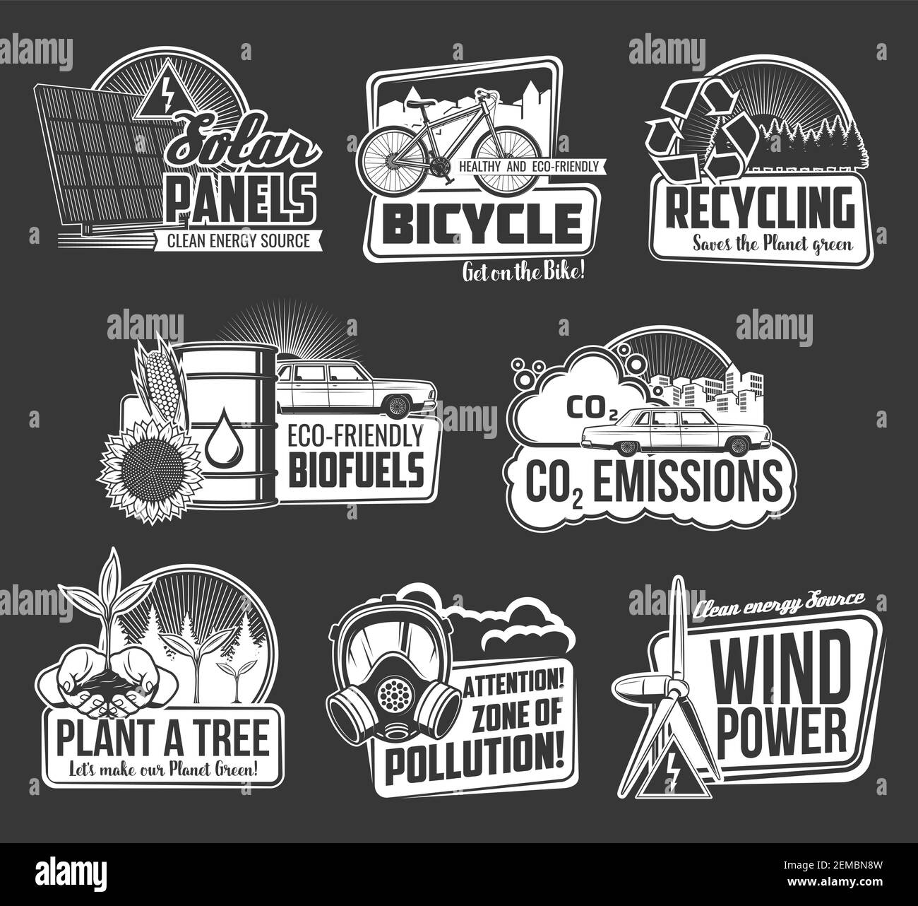 Écologie et environnement icônes vectorielles isolées avec arbre et plante éconaturels, symbole de recyclage. Énergie verte éolienne et solaire panneau solaire, bio Illustration de Vecteur