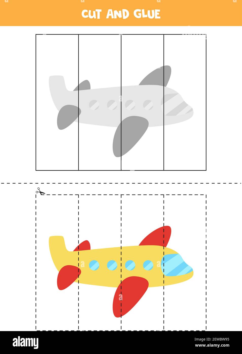 Jeu de coupe et de colle pour les enfants. Avion de dessin animé. Illustration de Vecteur