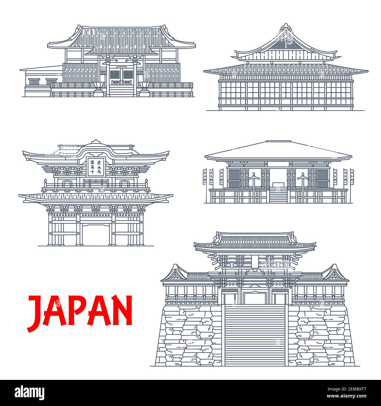 Temples japonais, bâtiments de pagode japonaise, monuments d'architecture et sanctuaires bouddhistes vectoriels. Japon Kamakura Tokeiji, Takedera et le temple de Sugimotodera Illustration de Vecteur