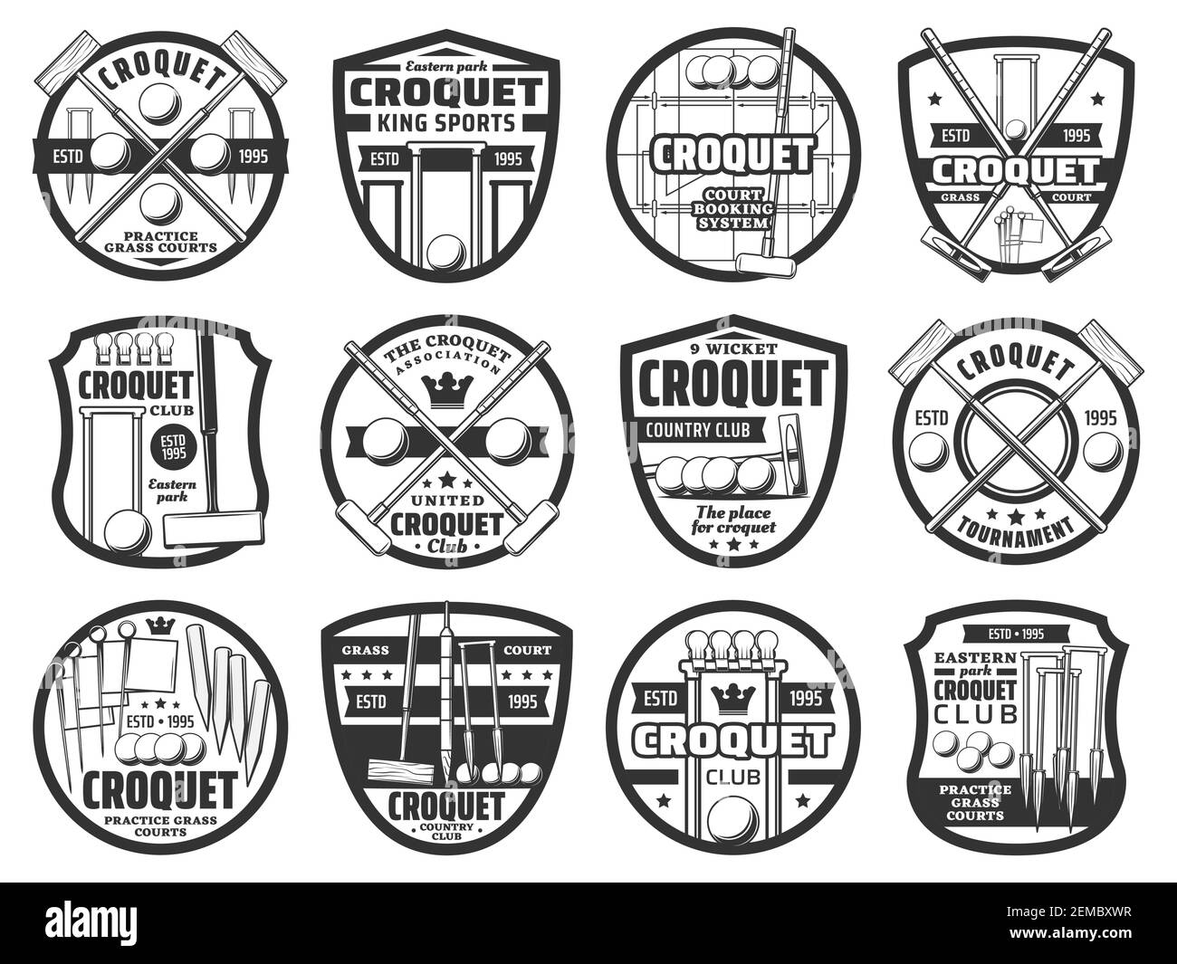 Icônes de sport croquet, équipement et articles, emblème de vecteur de tournoi de club d'équipe de pays. Articles d'équipement de jeu de croquet, chauves-souris croisées, balles et cricket Illustration de Vecteur