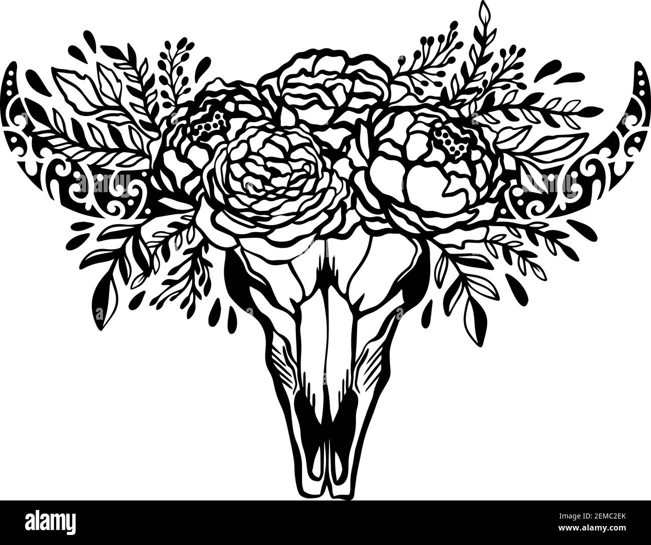 Crâne vache fleur floral rose.ethnique symbole décoration native.style boho style américain.isolé ni fond blanc. Illustration de Vecteur