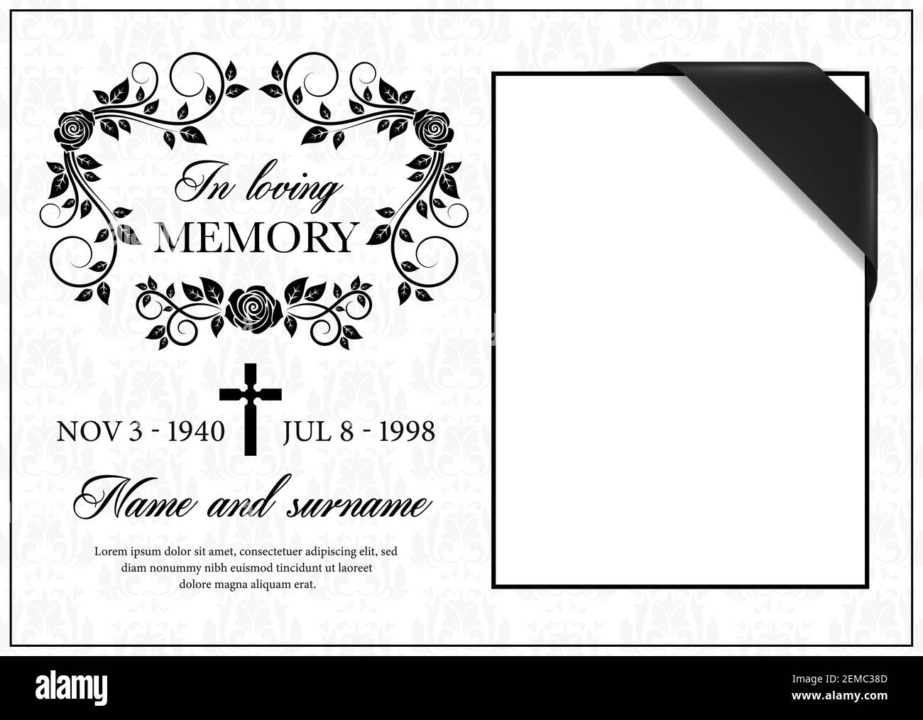 Modèle de vecteur de carte funéraire, décoration de fleur de condoléances vintage avec croix, place pour la photo avec ruban noir dans le coin, nom, dates de naissance et de décès. Illustration de Vecteur