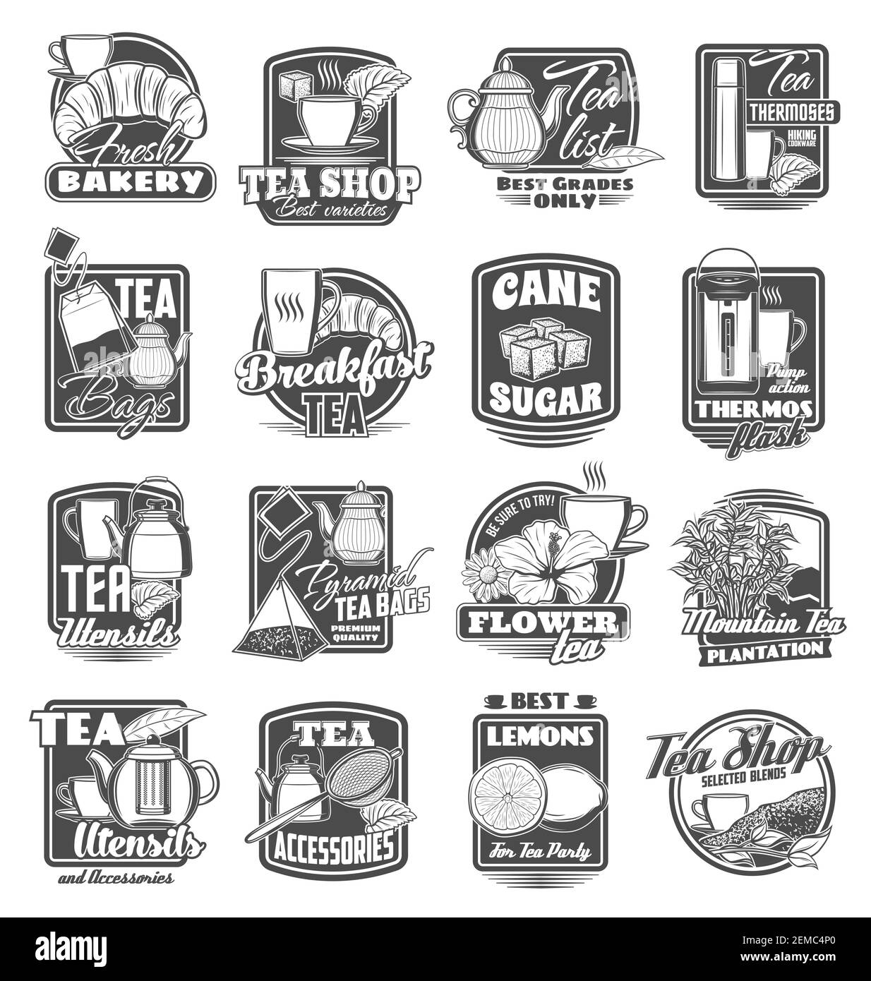 Boutique de thé et boulangerie croissant dessert, icônes vectorielles. Feuille de thé de montagne à base de plantes et de fleurs, téabgs et thermos, théière en porcelaine et ustensile Illustration de Vecteur