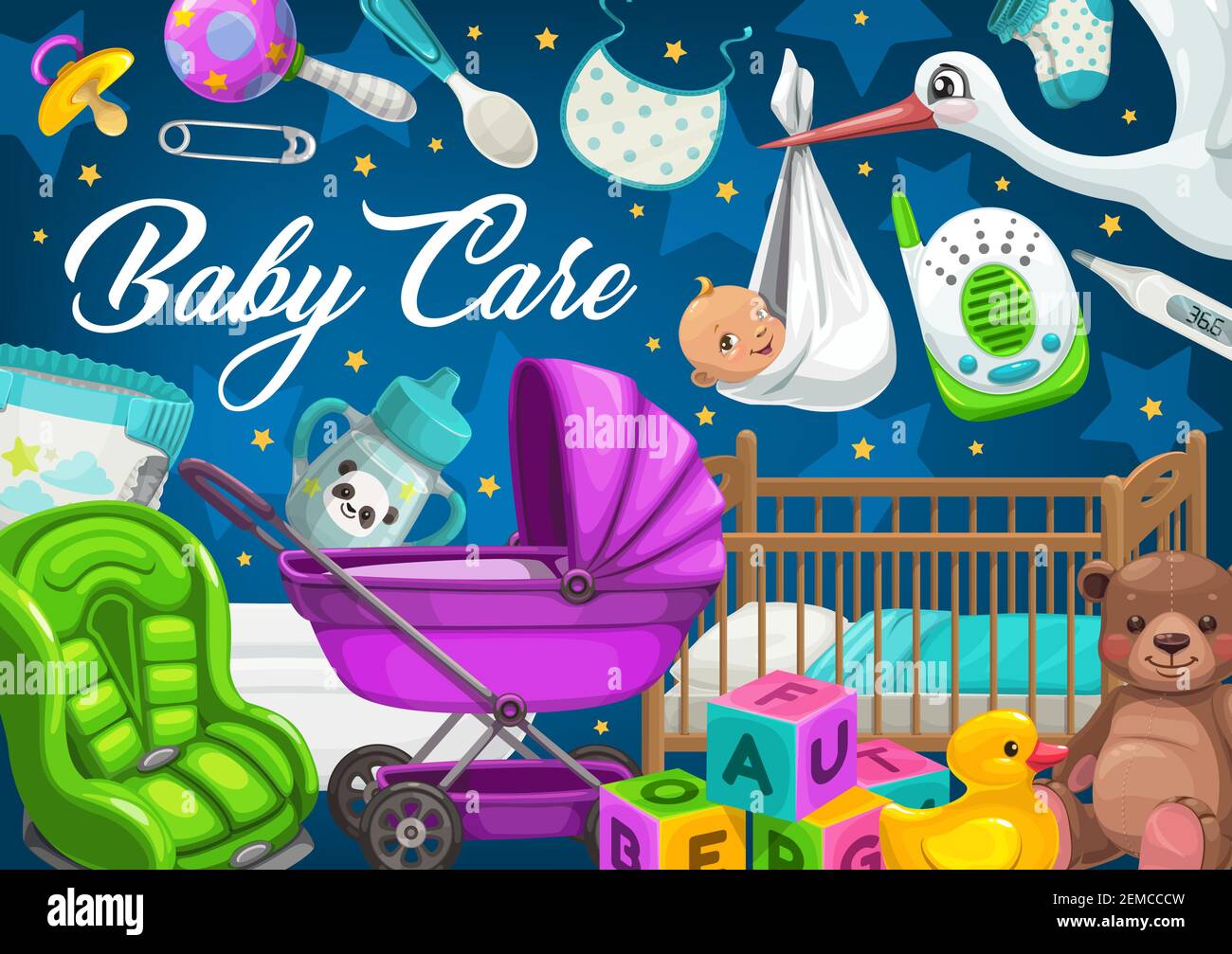 Soins Pour Bebes Jouets Et Articles Pour Enfants Tempete De Dessin Anime Poussette Et Couche Lit Ecoute Bebe Et Canard En Caoutchouc Biberon Et Ours En Peluche Ssin Image Vectorielle Stock Alamy