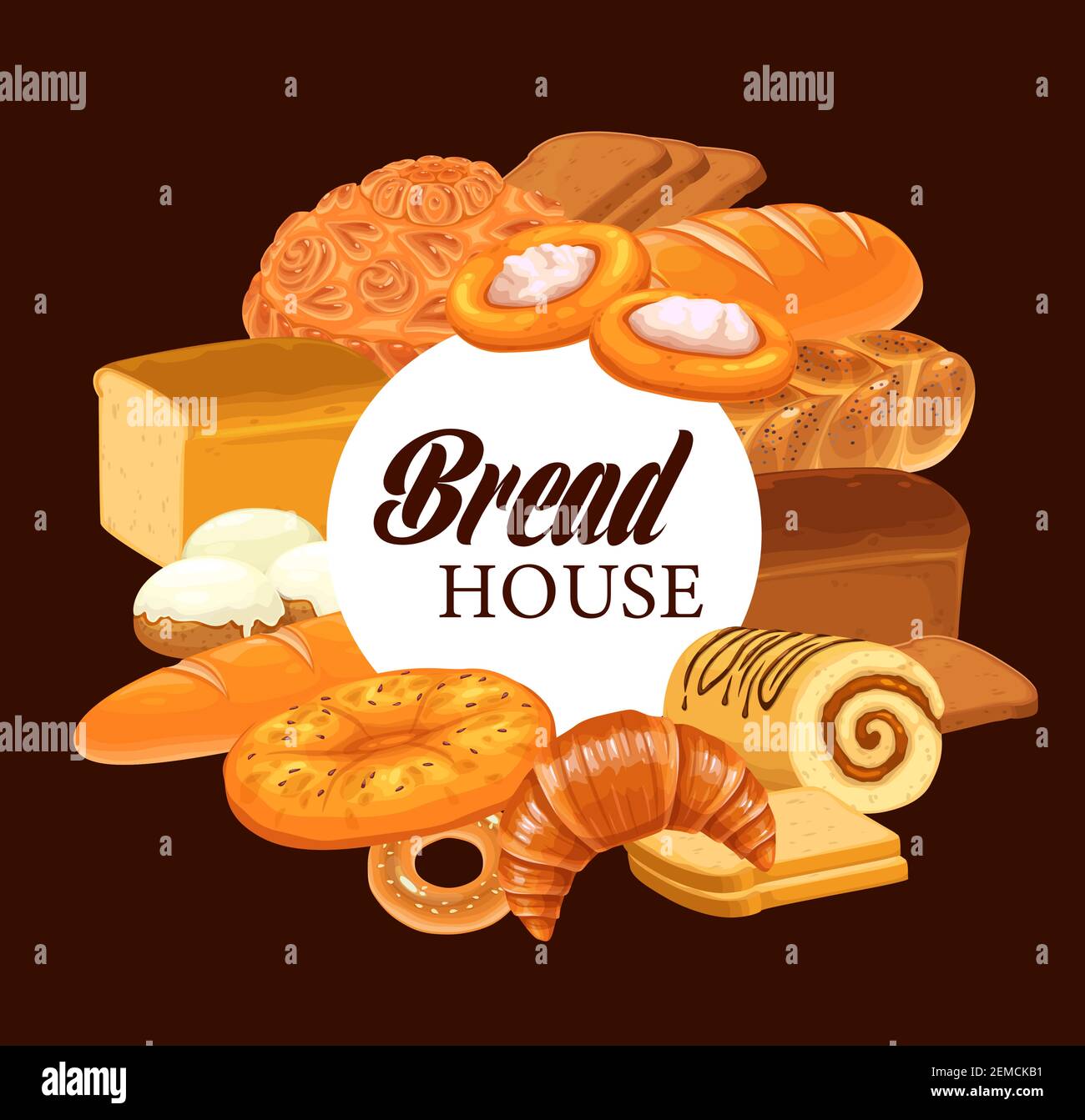 Banderole circulaire à pâte et pain. Pâtisseries et produits de boulangerie. Pain de blé et de seigle cuit, pain et baguette, bagel au fromage, crème suisse r Illustration de Vecteur