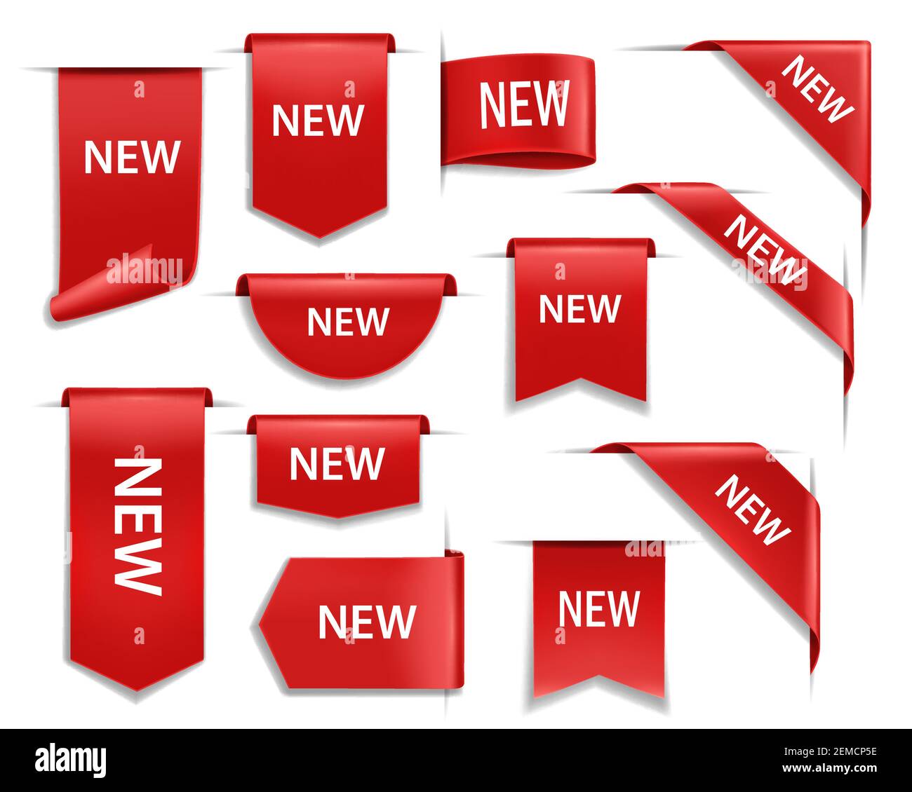 Nouveaux bandeaux, rubans ou étiquettes vectoriels rouges. Coins d'affaires isolés d'Internet, réaliste escompte de soie scarlet promotion d'événement de shopping drapeaux avec c Illustration de Vecteur