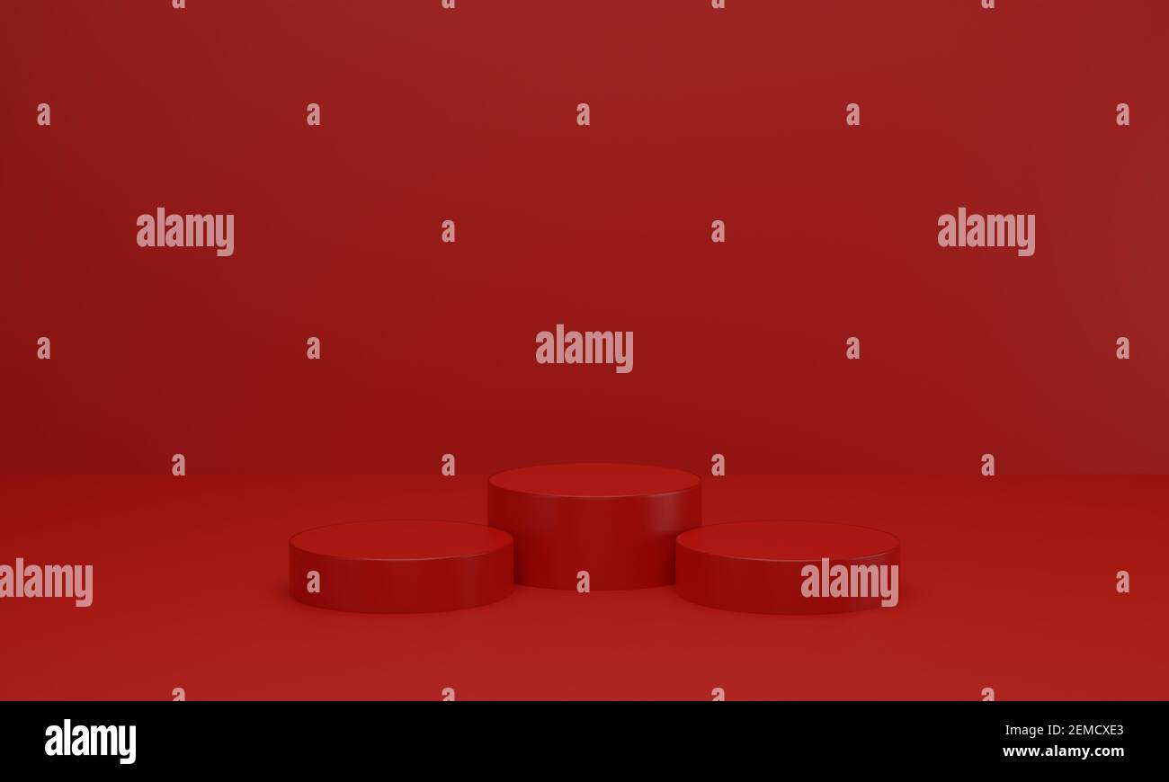 Plate-forme rouge vide pour montrer le produit. Podium dans la salle rouge de studio. rendu 3d Banque D'Images