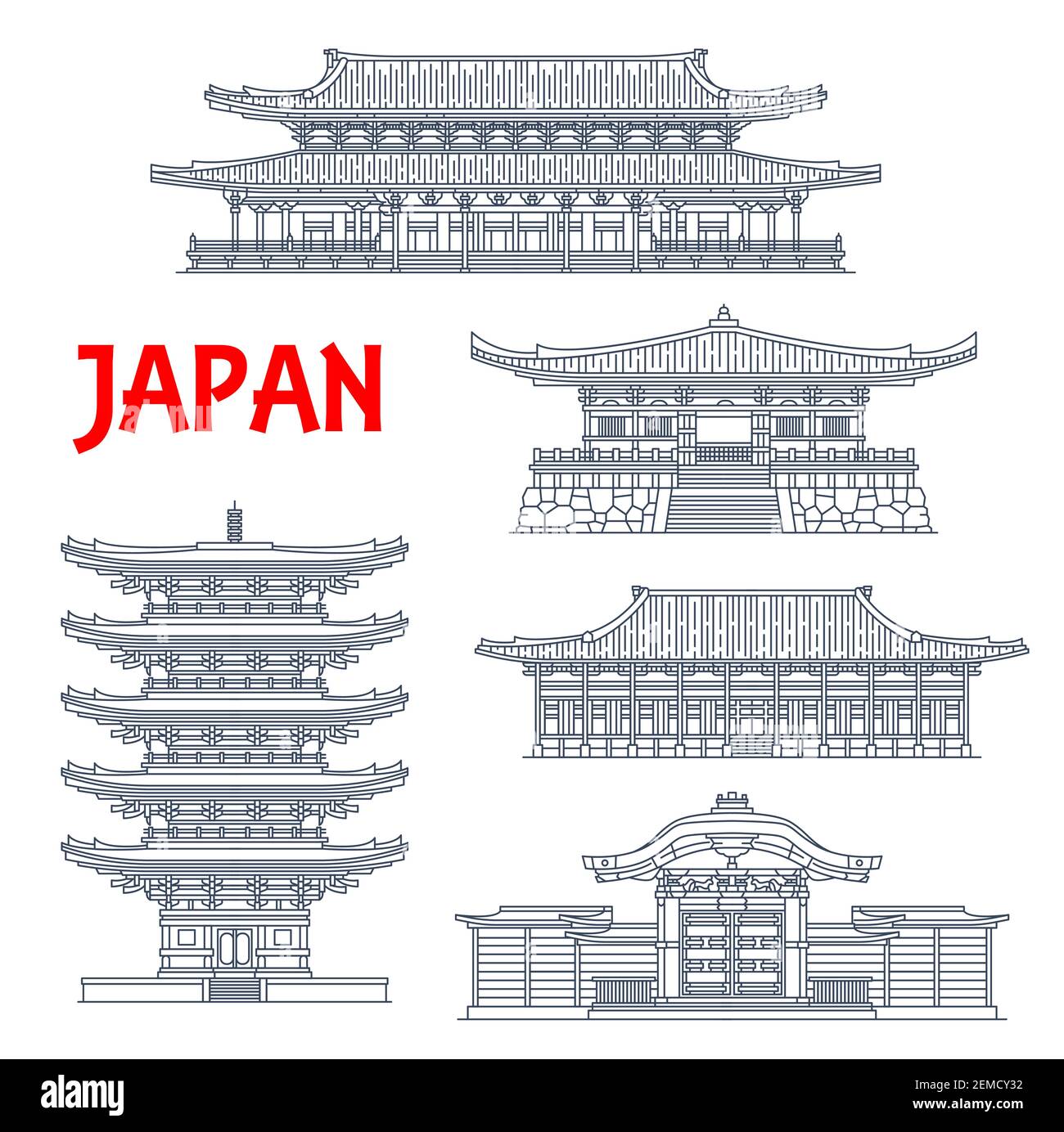 Temples japonais, sanctuaires et pagodes japonais, monuments architecturaux du bouddhisme de Kyoto. Monastère de l'est de Higashi Hongan-ji, Daigo-ji, pagode to-ji, Karam Illustration de Vecteur
