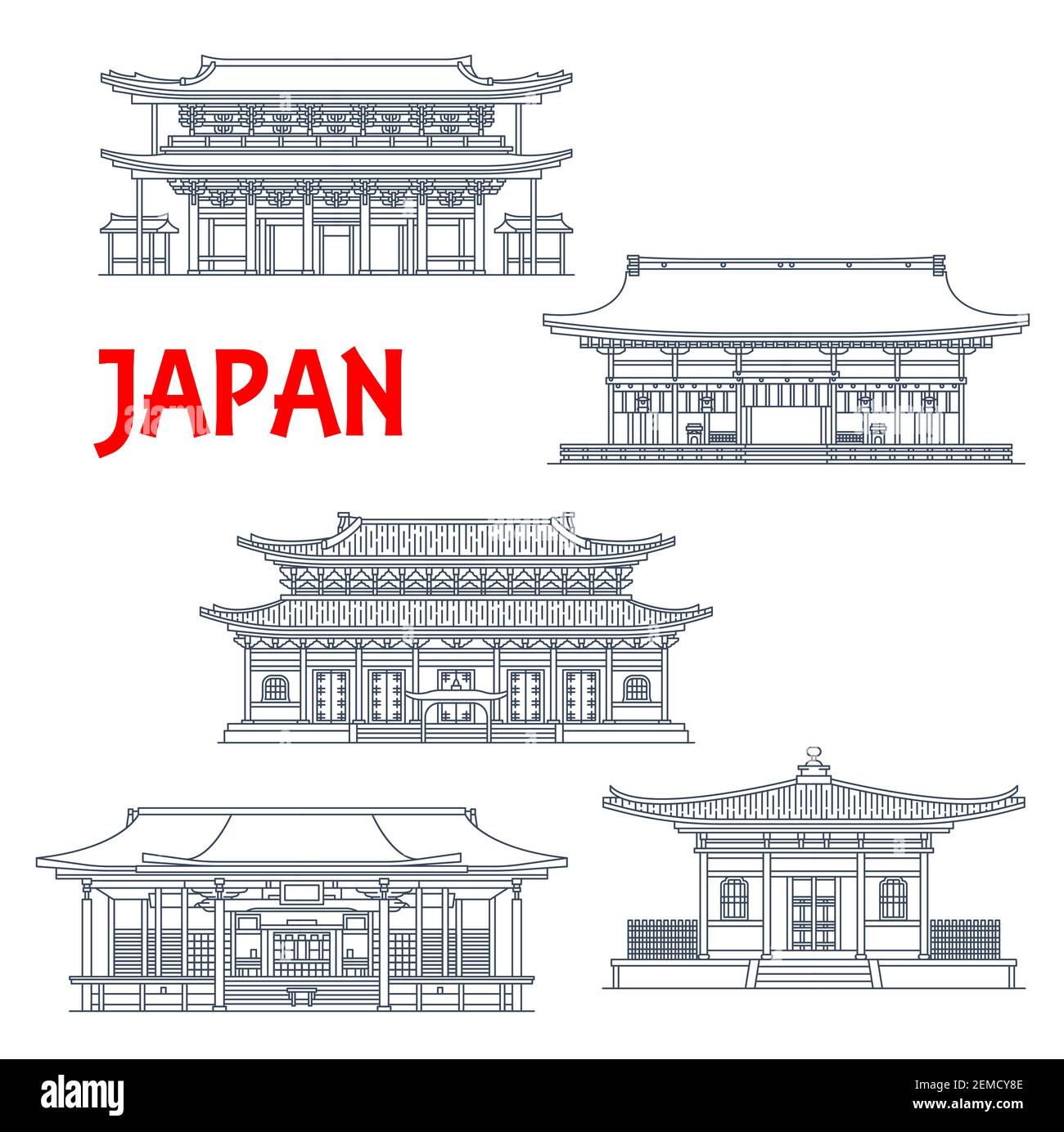 Temples japonais, sanctuaires et pagodes du Japon, monuments architecturaux du bouddhisme de Kyoto, vecteur. Temple Zen Ryoan-ji, Nanzen-ji, Tofuku-ji, Horyu-ji et Fu Illustration de Vecteur