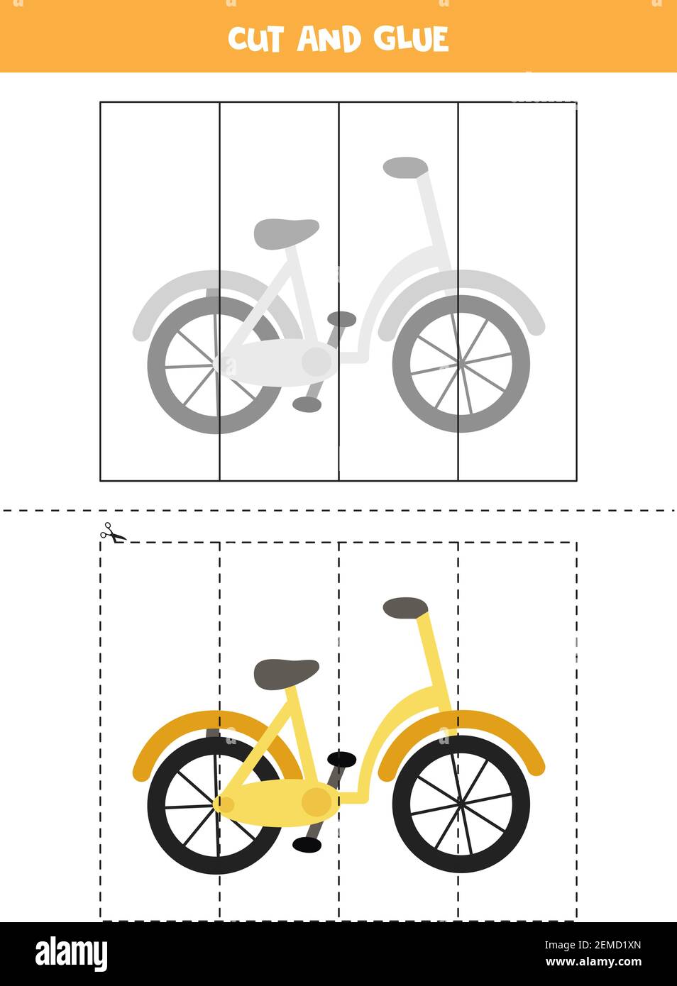 Jeu de coupe et de colle pour les enfants avec un vélo de dessin animé. Pratique de coupe pour les présélectionneurs. Illustration de Vecteur