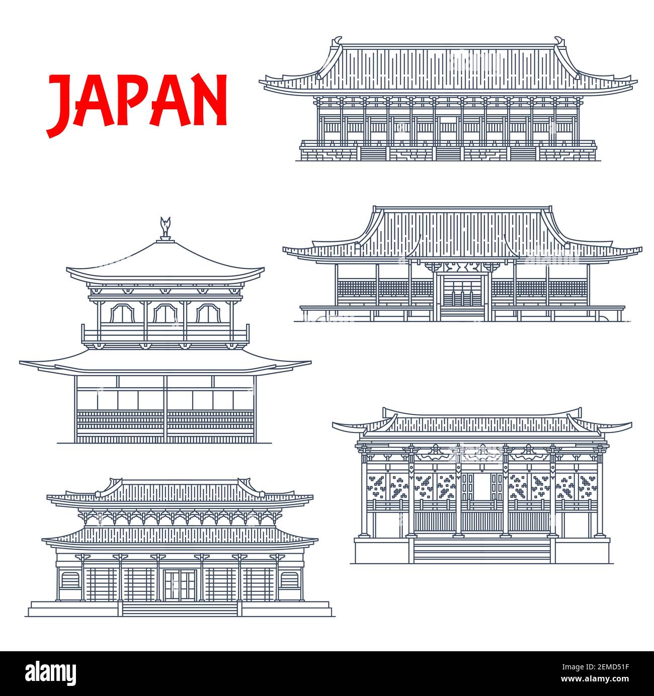Bâtiments japonais, temples japonais, sanctuaires de pagode, monuments religieux de l'architecture de Kyoto. Ninna-ji, Pavillon d'argent Ginkaku ou temple Jisho-ji, Eikan Illustration de Vecteur