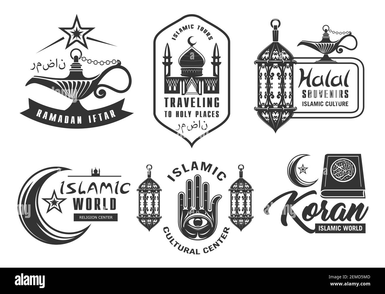 Symboles d'icône représentant un vecteur de culture musulmane et de religion d'isolam. Centre culturel de l'Islam et culte de pèlerinage du Coran, boutique de souvenirs halal et lift de Kareem de Ramadan Illustration de Vecteur