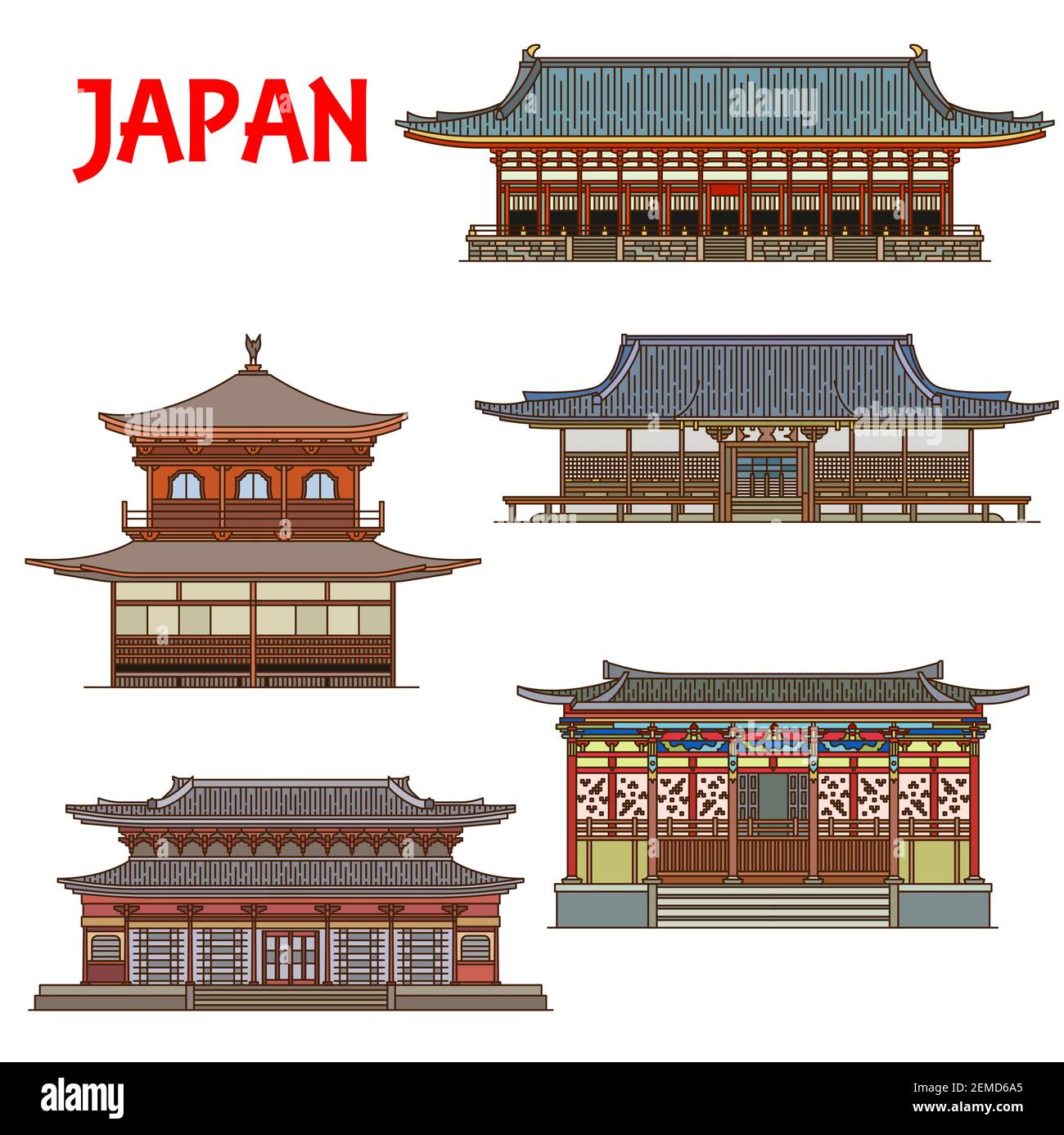 Temples japonais, bâtiments japonais, maisons de pagode architecture, vecteur Kyoto sites icônes. Japonais Ninna-ji, Jisho-ji, Eikan-do et Zenrin-ji templ Illustration de Vecteur