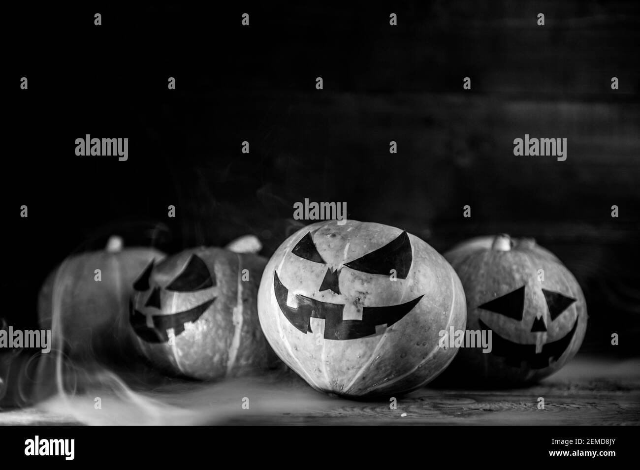 Citrouilles d'Halloween sur bois dans le style de noir et cinéma blanc Banque D'Images