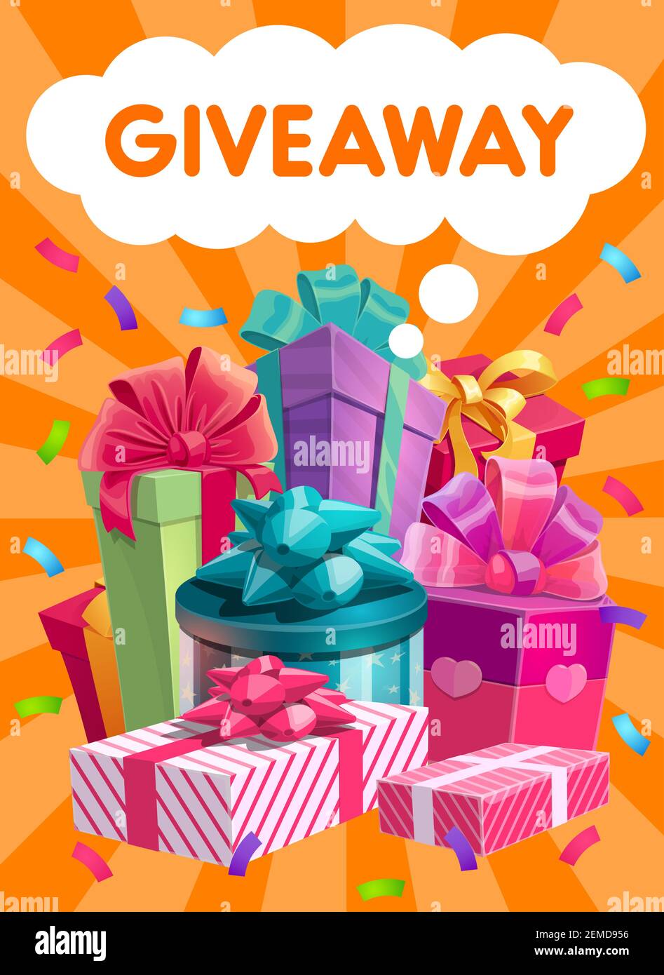 Promotion vecteur de cadeaux, publicité sur les réseaux sociaux. Présente, aime ou republie le don dans les médias sociaux. Surprise paquets pile, abonné gagnant re Illustration de Vecteur