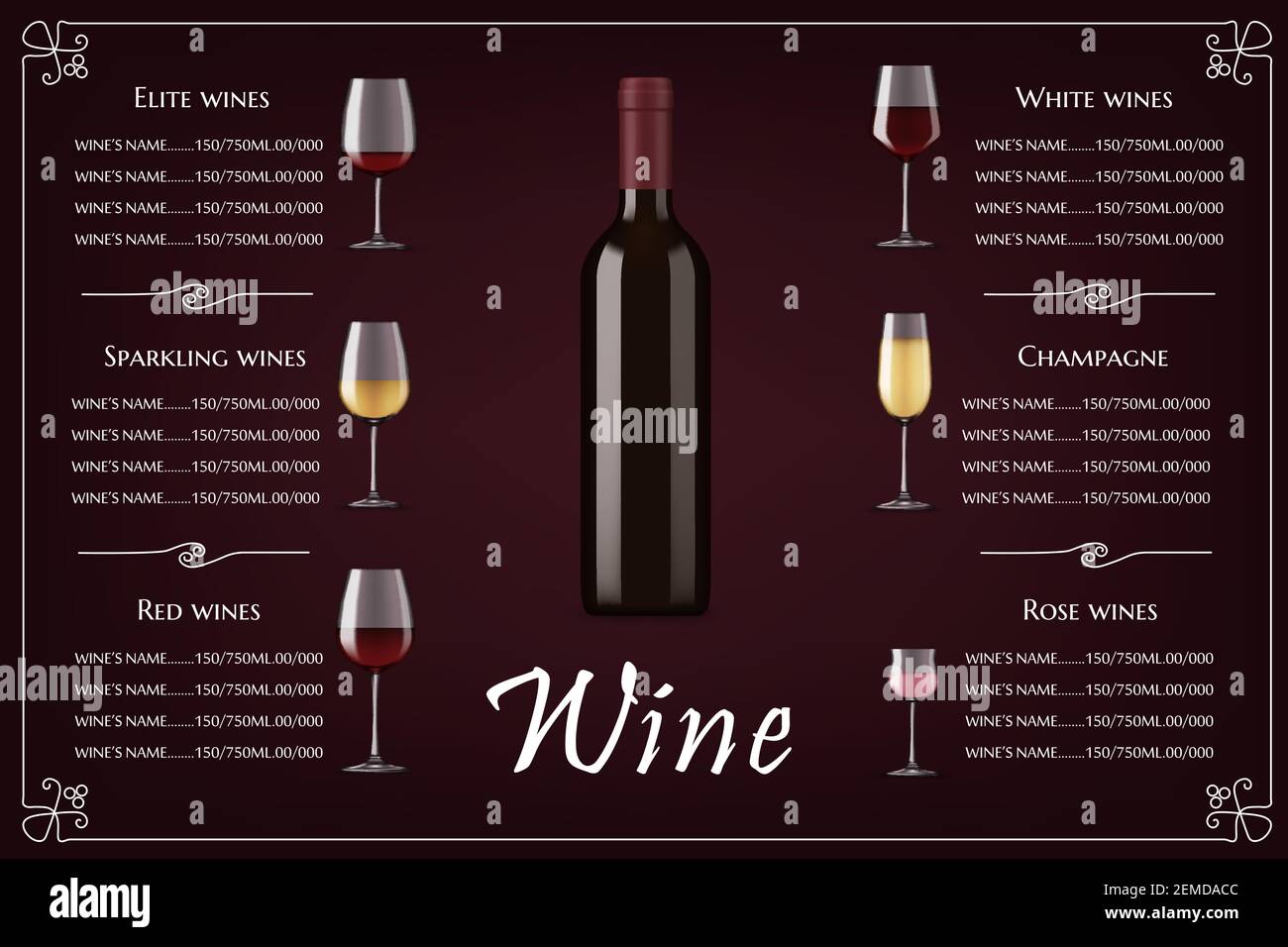 Menu vectoriel de la carte des vins du restaurant. Menu de la