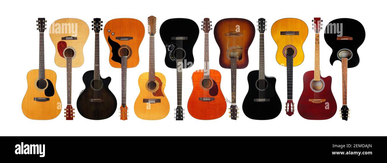 Instrument de musique - très grand Banner, collage vue de face guitares acoustiques classiques vintage isolées sur fond blanc. Banque D'Images