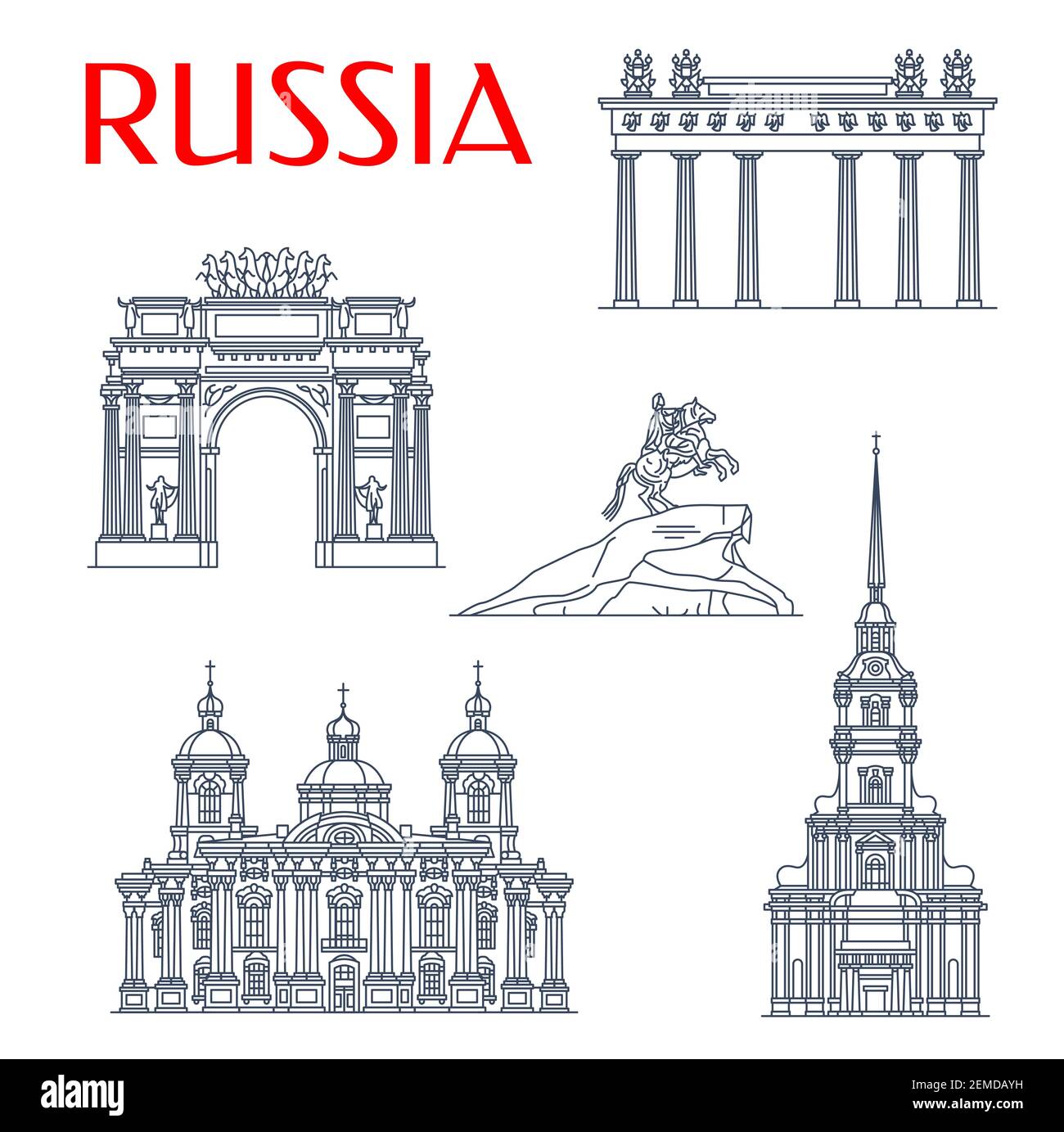 Saint-Pétersbourg Voyage monuments, Russie célèbre architecture et symboles touristiques. Monument Horseman de bronze vectoriel, cathédrale Pierre et Paul, Narv Illustration de Vecteur