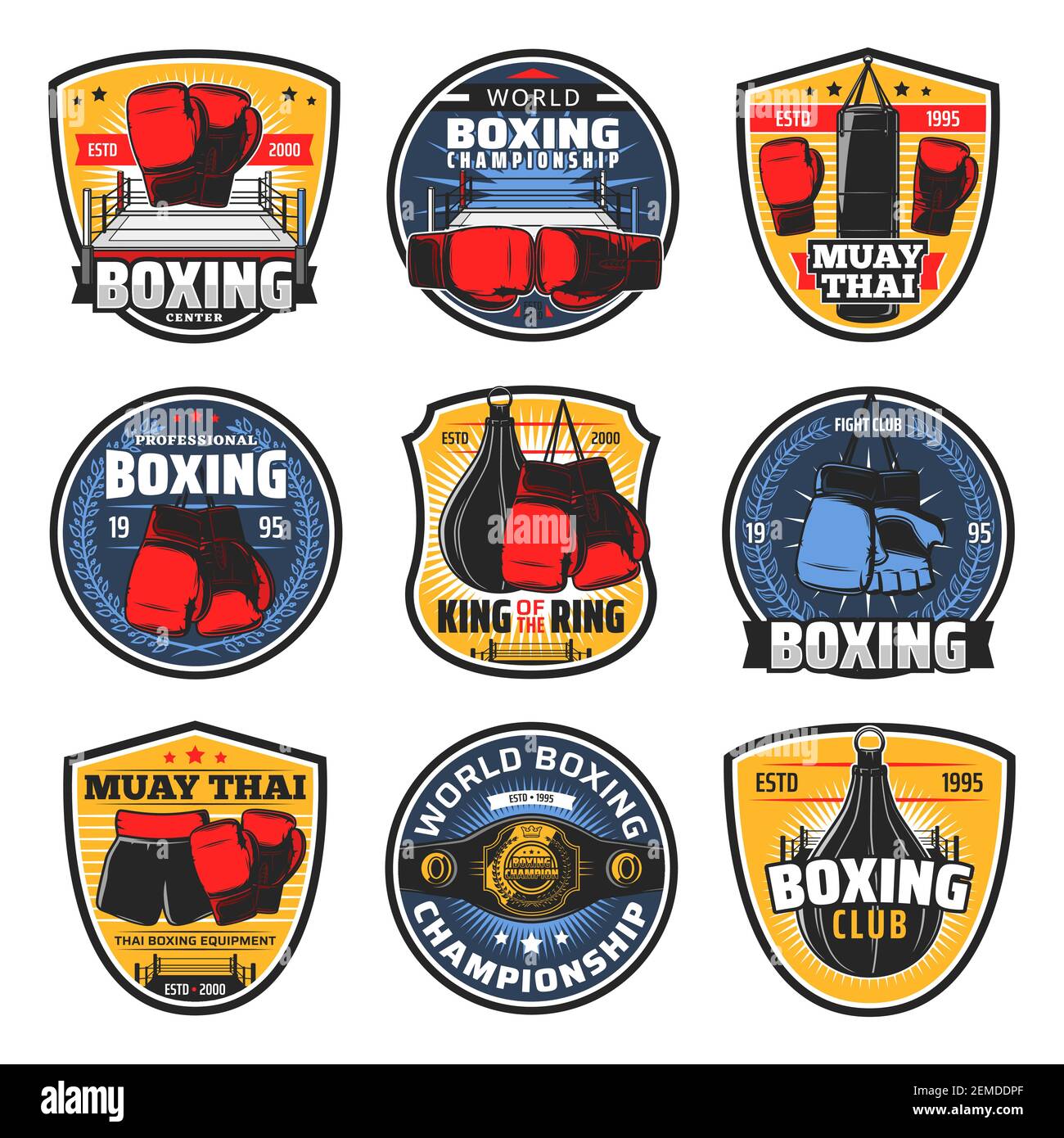 Icônes de boxe Muay Thai, badges vectoriels de kickboxing Fighter Arts.  Thaïlande mma lutte et muay thay boxers club, ceinture de championnat,  équipement de boxe Image Vectorielle Stock - Alamy