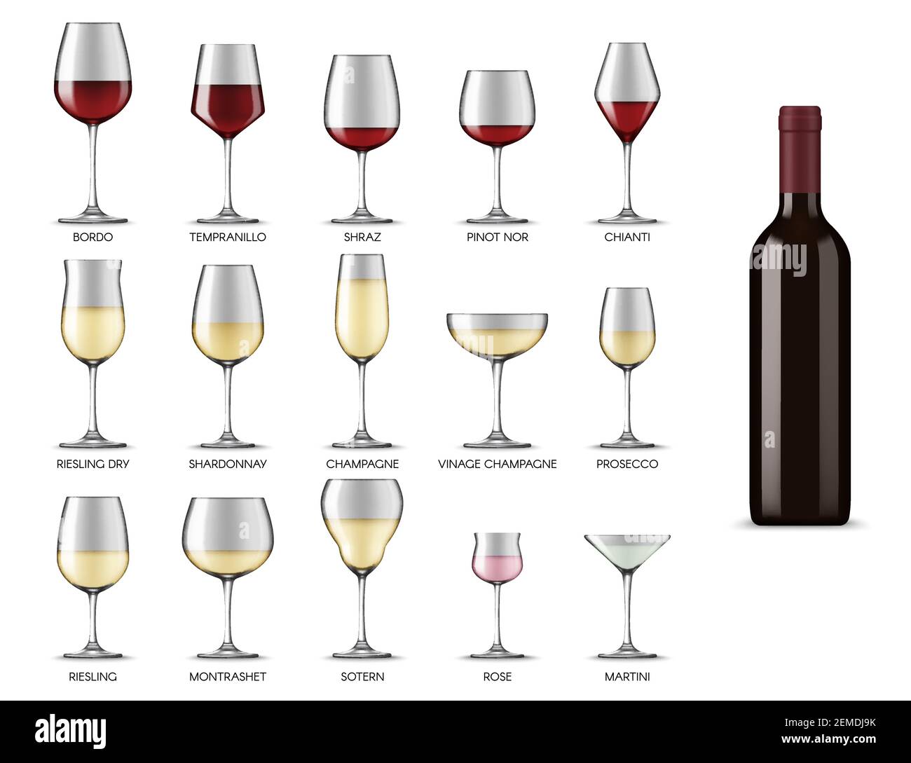 Types de verres à vin, verres à vin blanc et rouge, ensemble de mockup  vecteur réaliste isolé. Verres à vin formes et types pour Bordeaux, Shiraz,  C Image Vectorielle Stock - Alamy