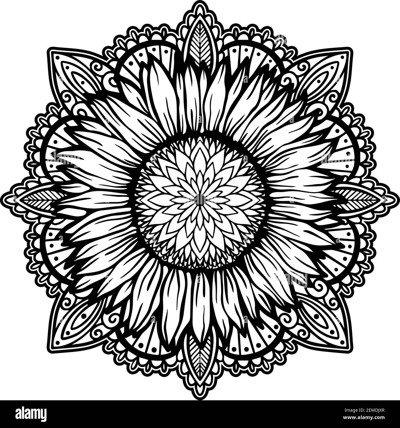 Tournesol mandala nature florale plante.fleur d'été isolée dans fond blanc.fleurs sauvages botaniques. Illustration de Vecteur