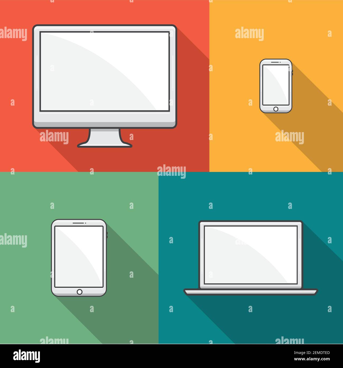 Gadgets et périphériques smartphones, tablettes, ordinateurs portables et ordinateur avec écran vierge sur fond couleur. Illustration vectorielle eps10 Illustration de Vecteur