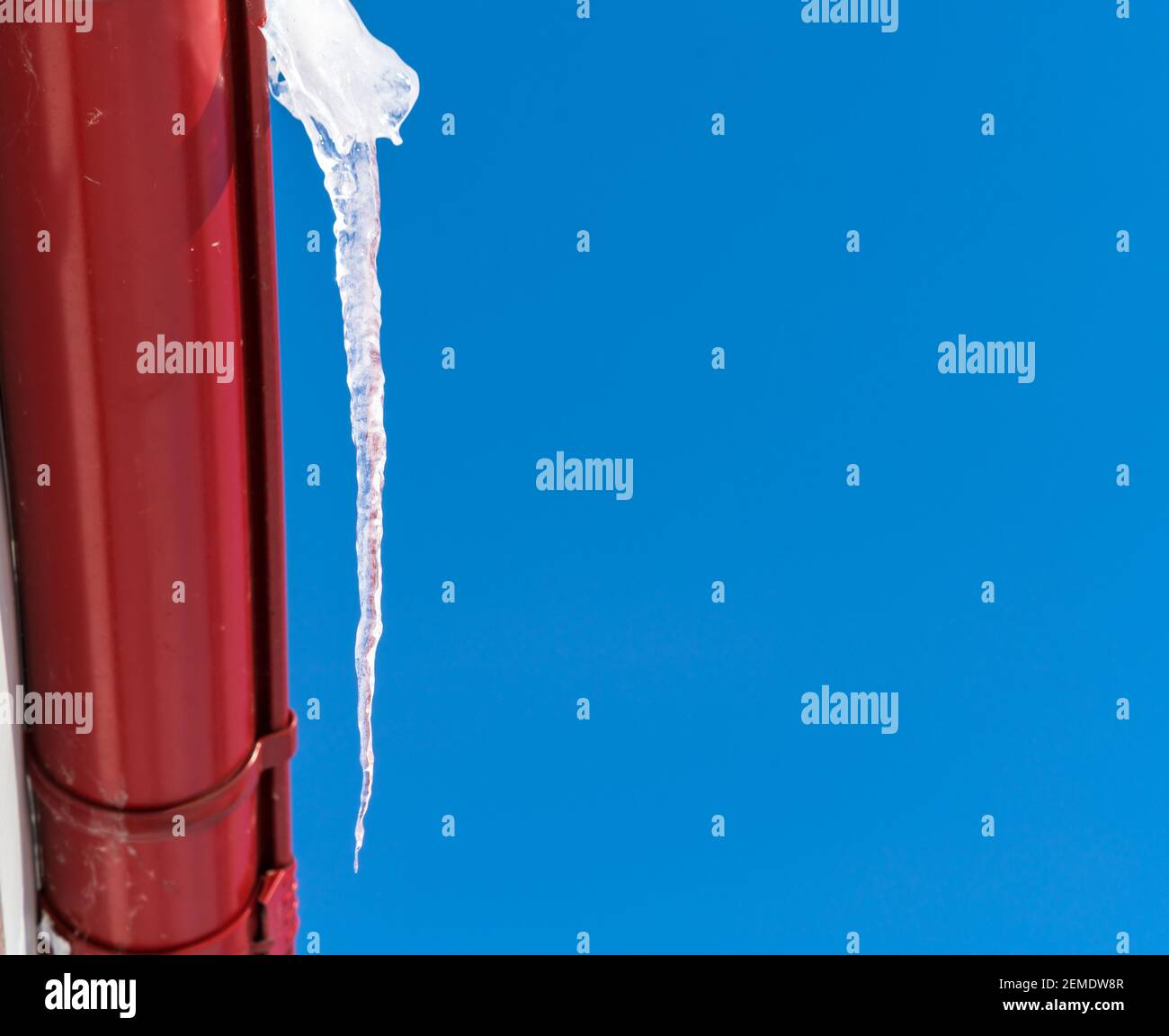 Une grande icule transparente est suspendue contre un ciel bleu clair d'un drainpipe rouge en hiver à la veille de ressort Banque D'Images