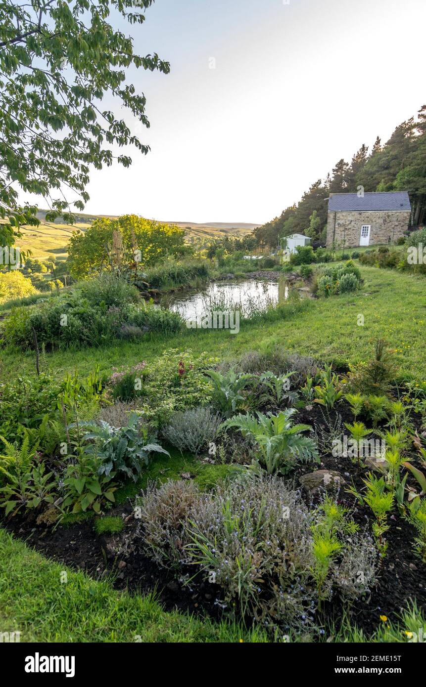 Un étang dans un jardin de campagne, avec une grange et les Pennines du Nord ensoleillées en arrière-plan Banque D'Images
