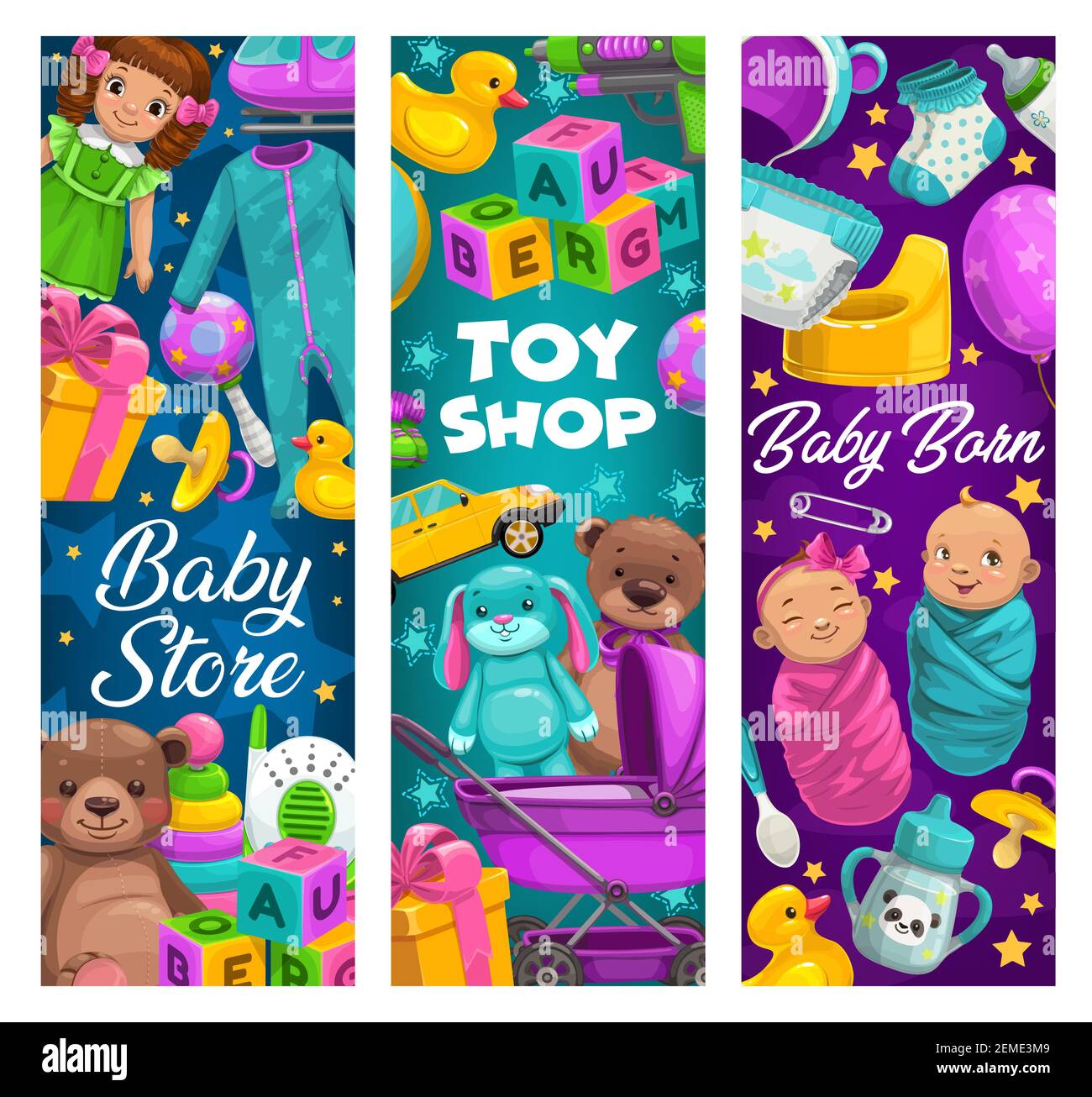 Soins Pour Bebes Magasin De Jouets Magasin De Produits Pour Enfants De Dessin Anime Nouveau Nes Et Couches Vetements Ecoute Bebe Et Canard En Caoutchouc Biberon Et Ours Doux Cubes Et Gi Image Vectorielle Stock Alamy