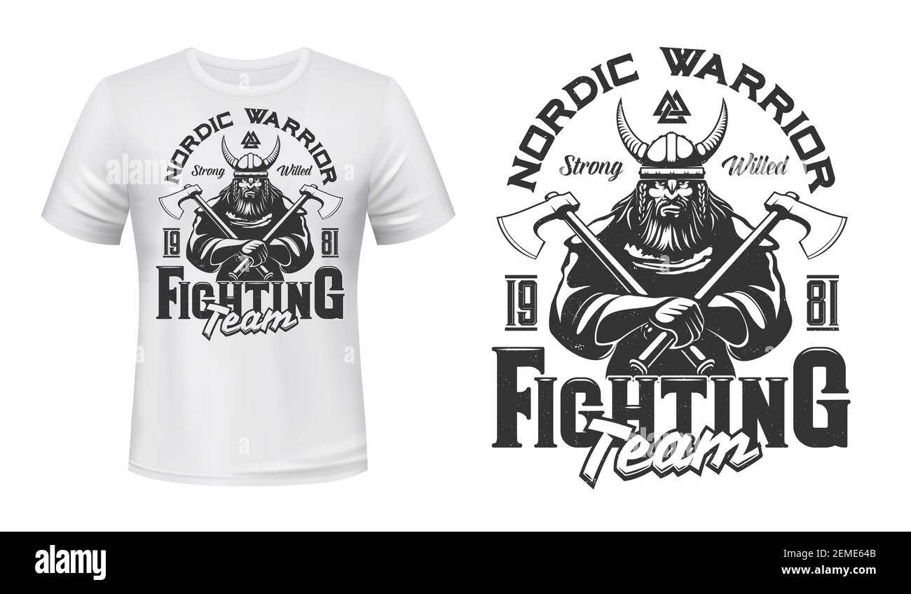 Modèle vectoriel de t-shirt à imprimé mascotte guerrier Viking. viking brutal, barbu en armure, casque à cornes, tenant des haches de bataille entre les mains. Équipe ou club sportif Illustration de Vecteur